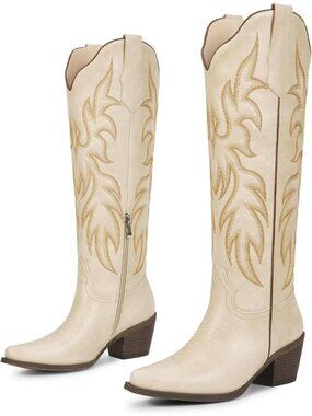 Women's Matte Beige Faux Leather Cuban Heel Pointed Toe Cowgirl Western Boots